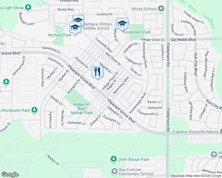 map of restaurants, bars, coffee shops, grocery stores, and more near 3104 Bagby Al in Roseville