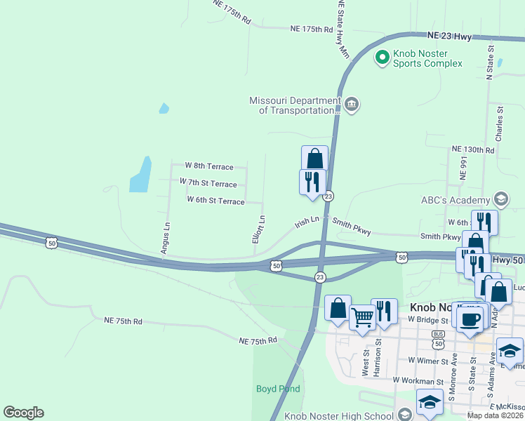 map of restaurants, bars, coffee shops, grocery stores, and more near 605 Elliott Lane in Knob Noster