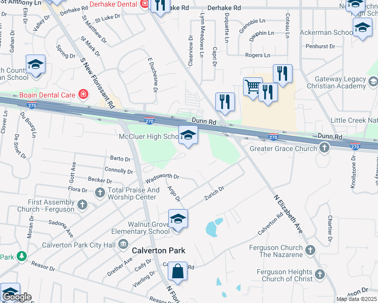 map of restaurants, bars, coffee shops, grocery stores, and more near 1896 South New Florissant Road in Florissant