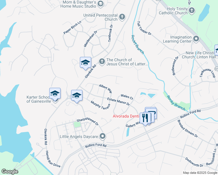 map of restaurants, bars, coffee shops, grocery stores, and more near 14028 Albert Way in Gainesville