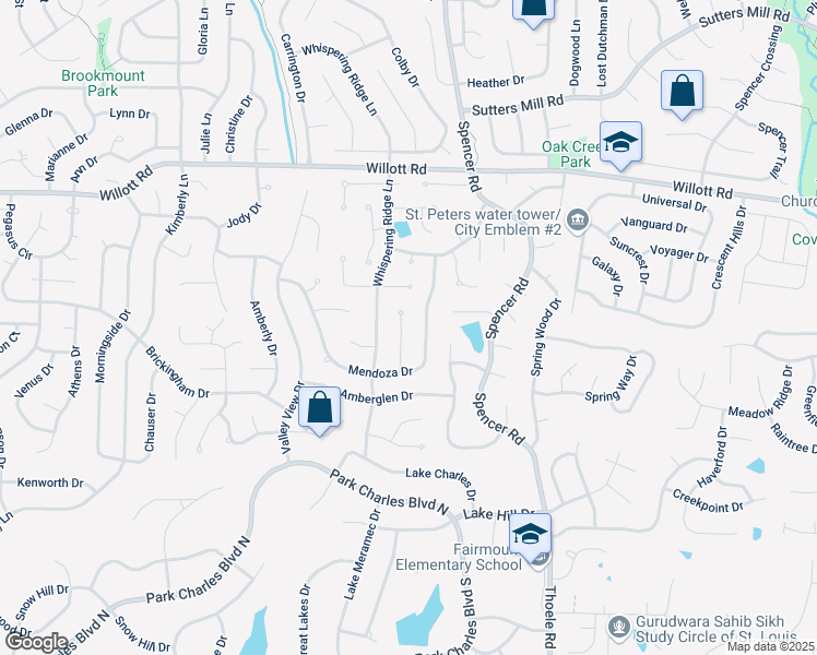 map of restaurants, bars, coffee shops, grocery stores, and more near 1238 Mendoza Drive in St. Peters