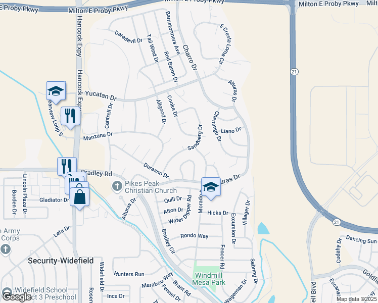 map of restaurants, bars, coffee shops, grocery stores, and more near 4155 Sandberg Drive in Colorado Springs