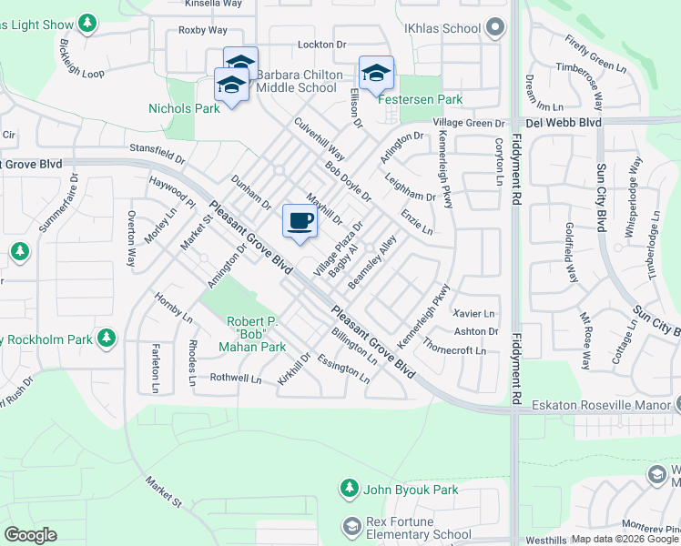 map of restaurants, bars, coffee shops, grocery stores, and more near 3104 Bagby Al in Roseville