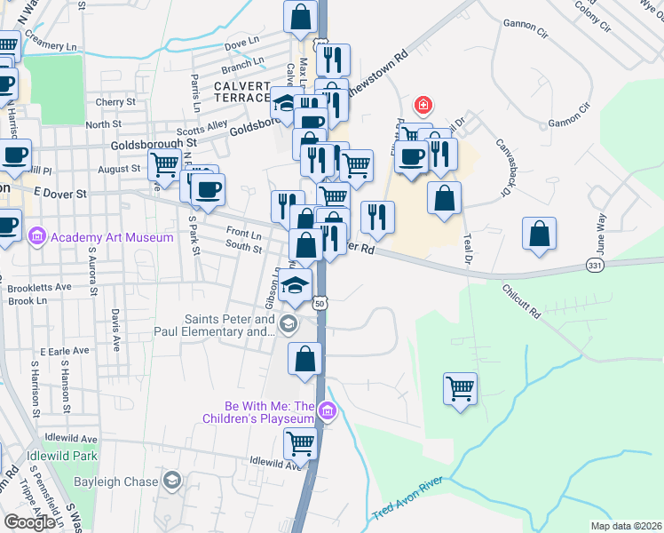 map of restaurants, bars, coffee shops, grocery stores, and more near 8091 Ocean Gateway in Easton