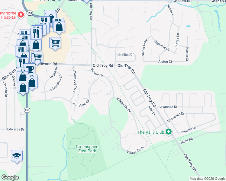 map of restaurants, bars, coffee shops, grocery stores, and more near 800 Village Drive in Glen Carbon