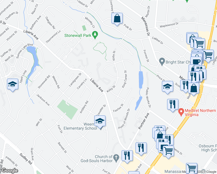 map of restaurants, bars, coffee shops, grocery stores, and more near 8494 Saddle Court in Manassas