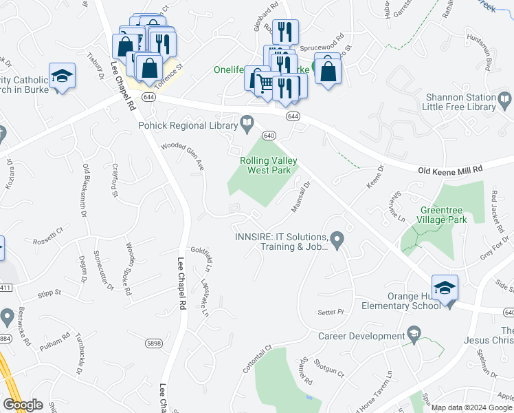 map of restaurants, bars, coffee shops, grocery stores, and more near 9364 McCarthy Court in Burke