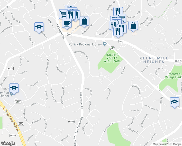 map of restaurants, bars, coffee shops, grocery stores, and more near 9416 Wooded Glen Avenue in Burke