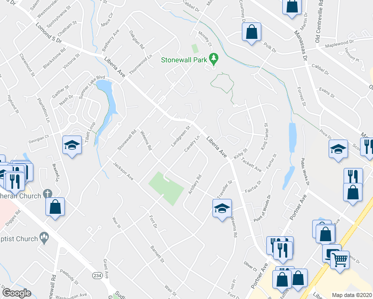 map of restaurants, bars, coffee shops, grocery stores, and more near 8506 Cavalry Lane in Manassas