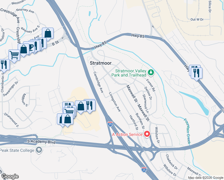 map of restaurants, bars, coffee shops, grocery stores, and more near 1118 Maxwell Street in Colorado Springs