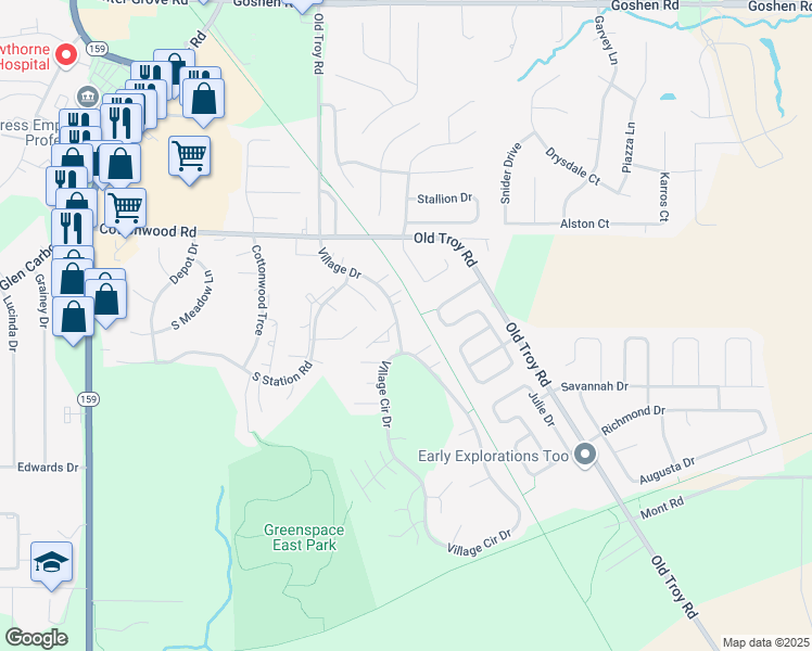 map of restaurants, bars, coffee shops, grocery stores, and more near 751 Village Drive in Glen Carbon