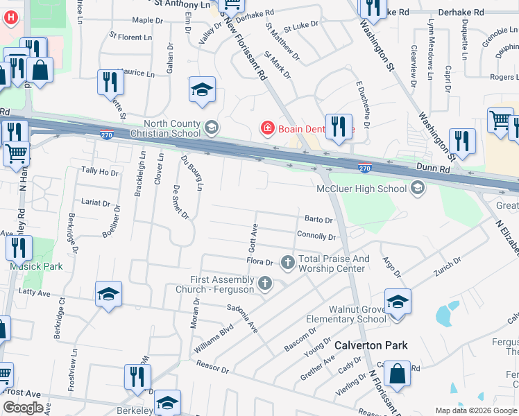 map of restaurants, bars, coffee shops, grocery stores, and more near 38 Jean Drive in Florissant