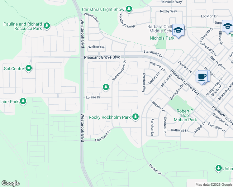 map of restaurants, bars, coffee shops, grocery stores, and more near 2073 Daybreak Street in Roseville