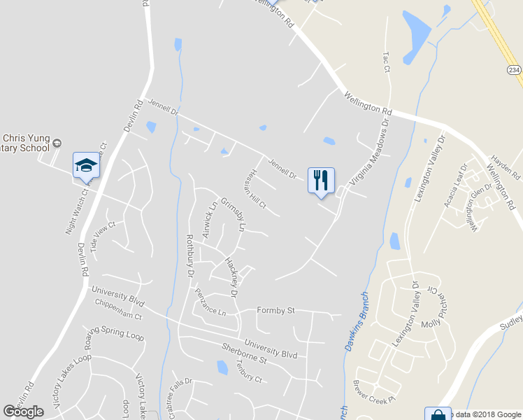 map of restaurants, bars, coffee shops, grocery stores, and more near 8452 Hessian Hill Court in Bristow