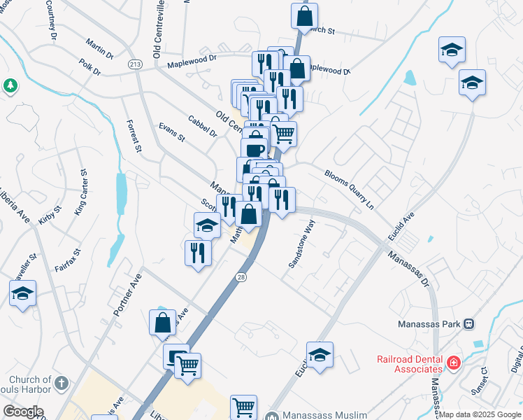 map of restaurants, bars, coffee shops, grocery stores, and more near 8500 Centreville Road in Manassas Park