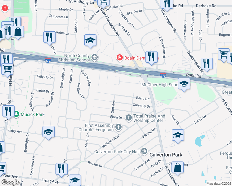 map of restaurants, bars, coffee shops, grocery stores, and more near 38 Jean Drive in Florissant