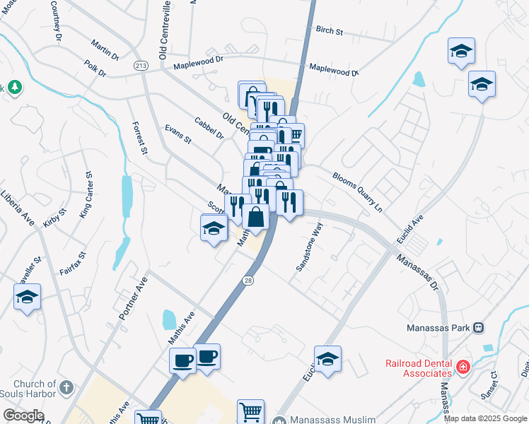 map of restaurants, bars, coffee shops, grocery stores, and more near 8500 Centreville Road in Manassas Park