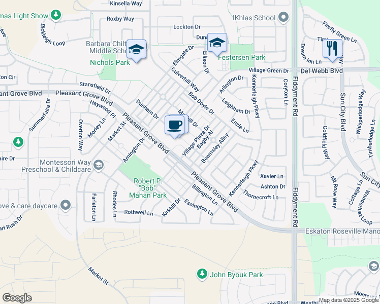 map of restaurants, bars, coffee shops, grocery stores, and more near 3040 Village Plaza Drive in Roseville