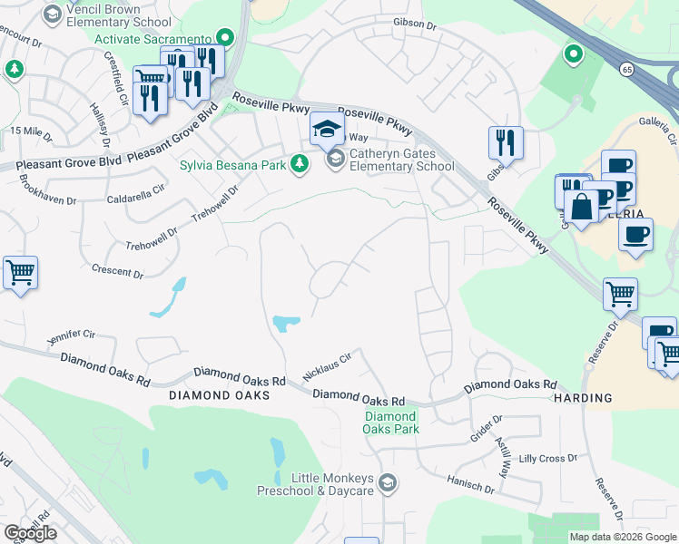 map of restaurants, bars, coffee shops, grocery stores, and more near 2261 Belvedere Circle in Roseville