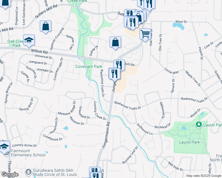 map of restaurants, bars, coffee shops, grocery stores, and more near 5 Fernridge Drive in St. Peters