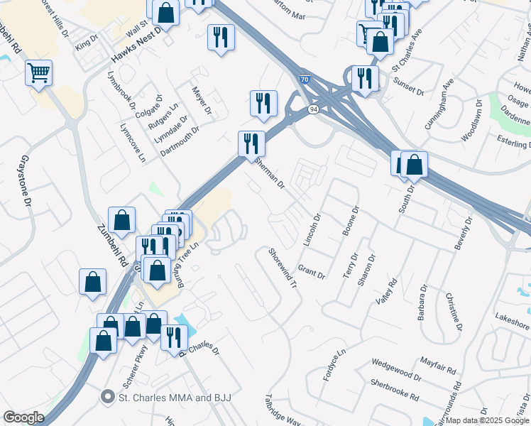 map of restaurants, bars, coffee shops, grocery stores, and more near 2104 Sherman Square Drive in Saint Charles