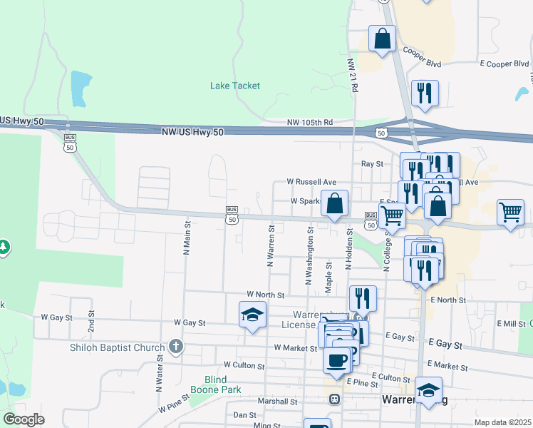 map of restaurants, bars, coffee shops, grocery stores, and more near 303 West Young Street in Warrensburg