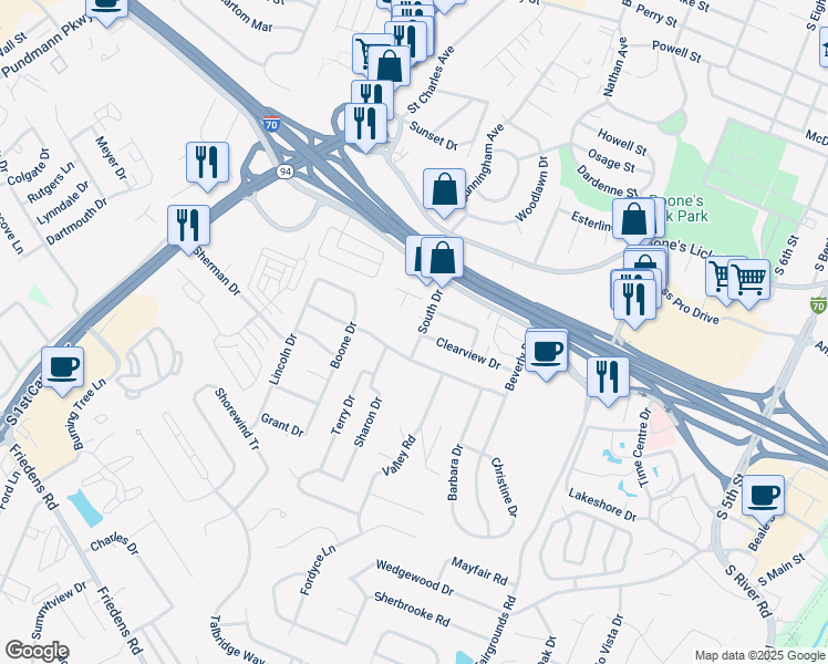 map of restaurants, bars, coffee shops, grocery stores, and more near 24 Fordyce Manor in St. Charles