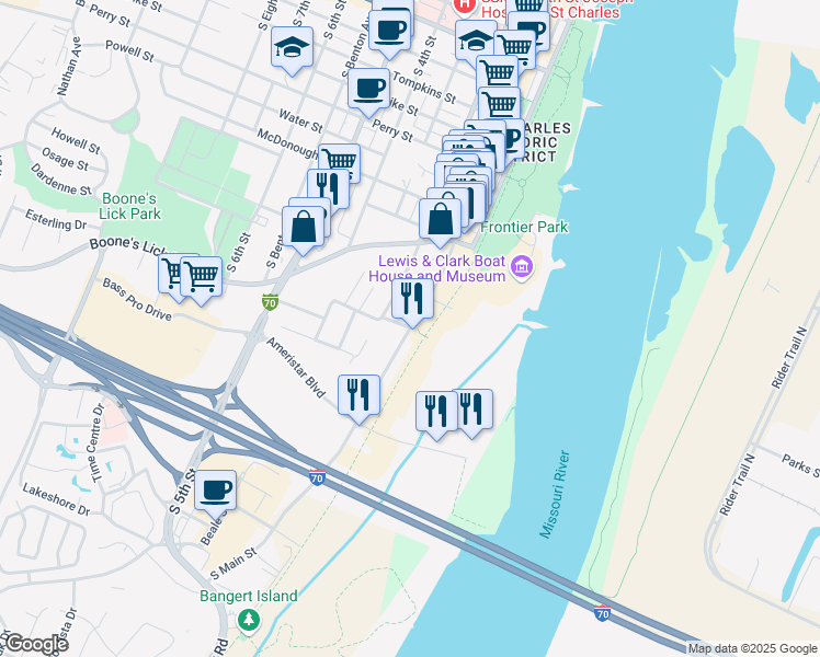map of restaurants, bars, coffee shops, grocery stores, and more near South Main Street in Saint Charles