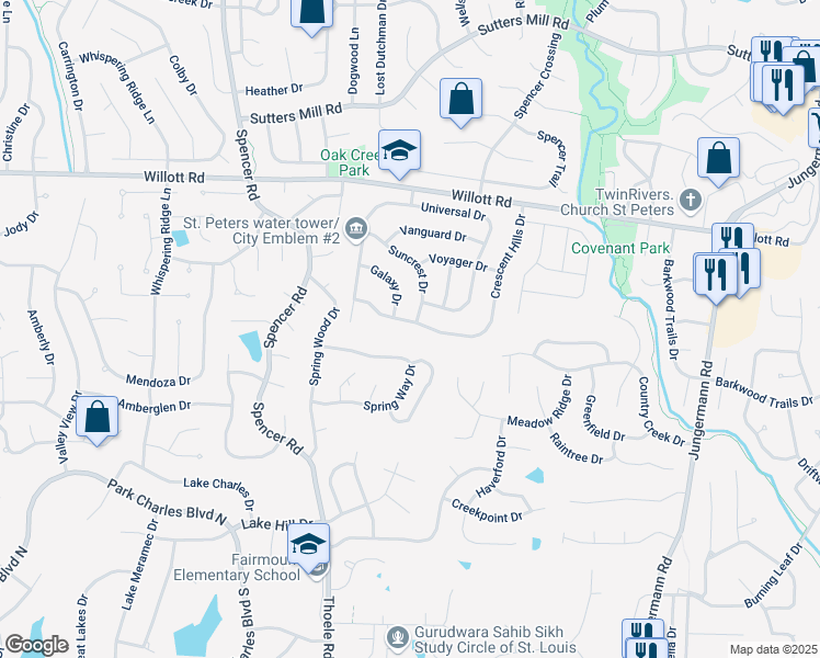 map of restaurants, bars, coffee shops, grocery stores, and more near 62 Crescent Hills Drive in St. Peters