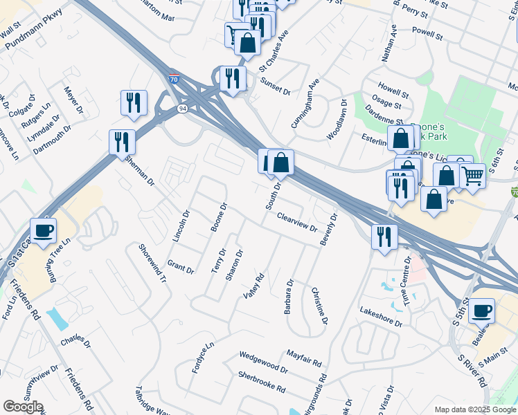 map of restaurants, bars, coffee shops, grocery stores, and more near 43 Fordyce Manor in Saint Charles