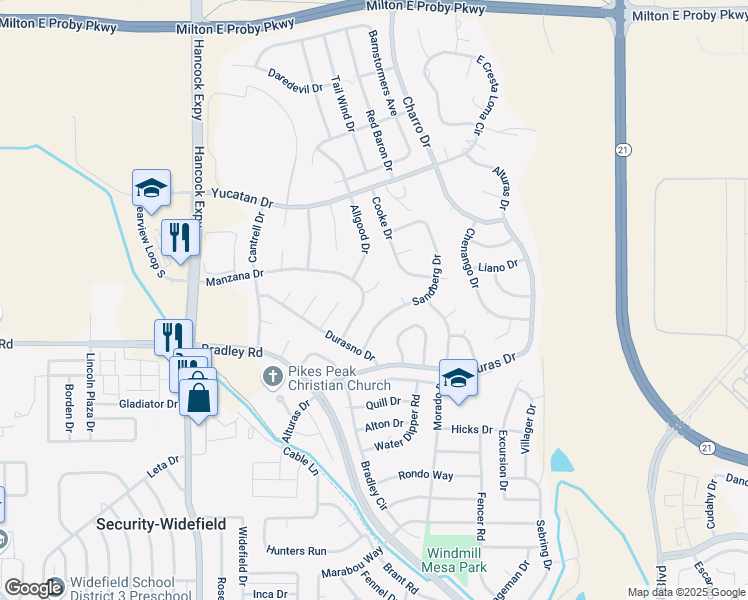 map of restaurants, bars, coffee shops, grocery stores, and more near 5104 Manzana Lane in Colorado Springs