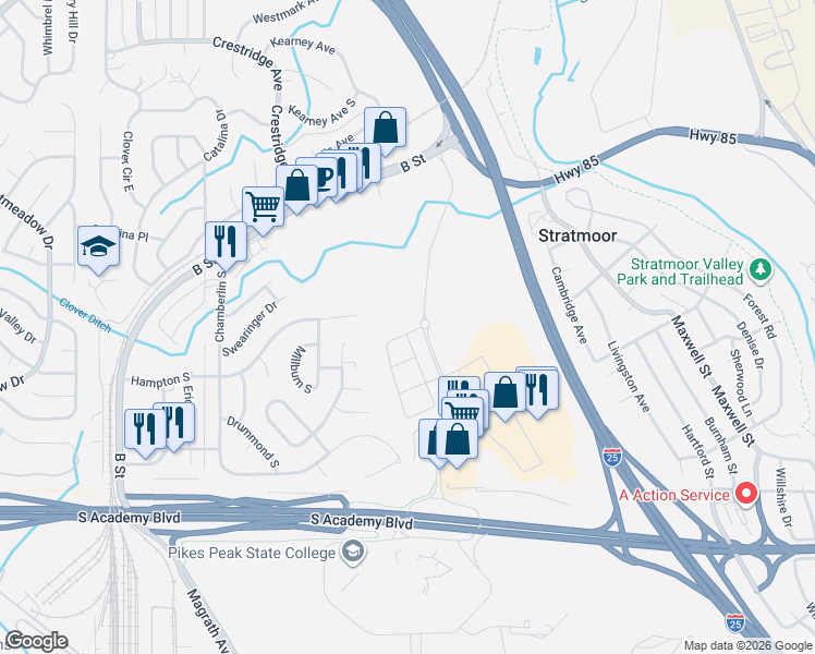 map of restaurants, bars, coffee shops, grocery stores, and more near 4136 Pursuit Heights in Colorado Springs