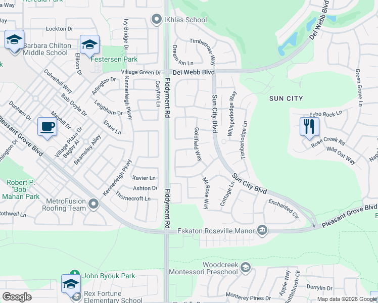 map of restaurants, bars, coffee shops, grocery stores, and more near 300 Station Court in Roseville