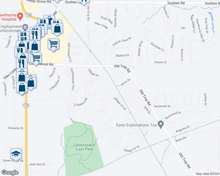 map of restaurants, bars, coffee shops, grocery stores, and more near 751 Village Drive in Glen Carbon