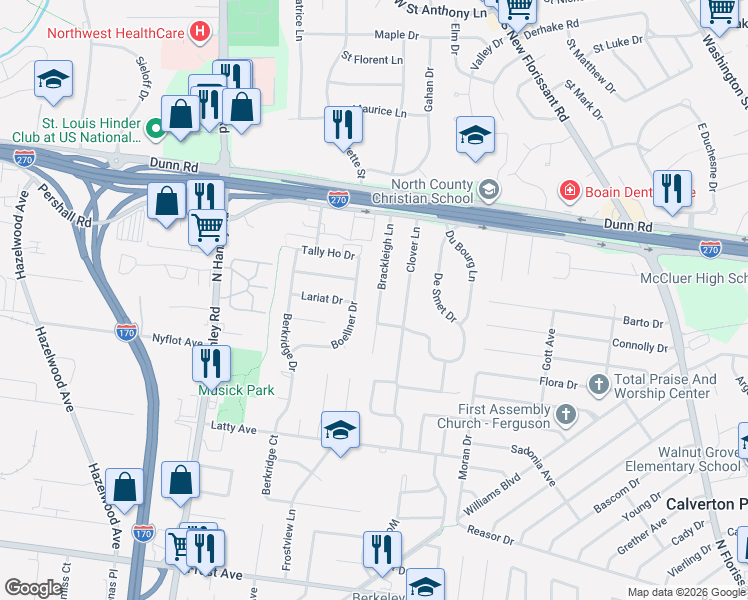 map of restaurants, bars, coffee shops, grocery stores, and more near 205 Brackleigh Lane in Florissant