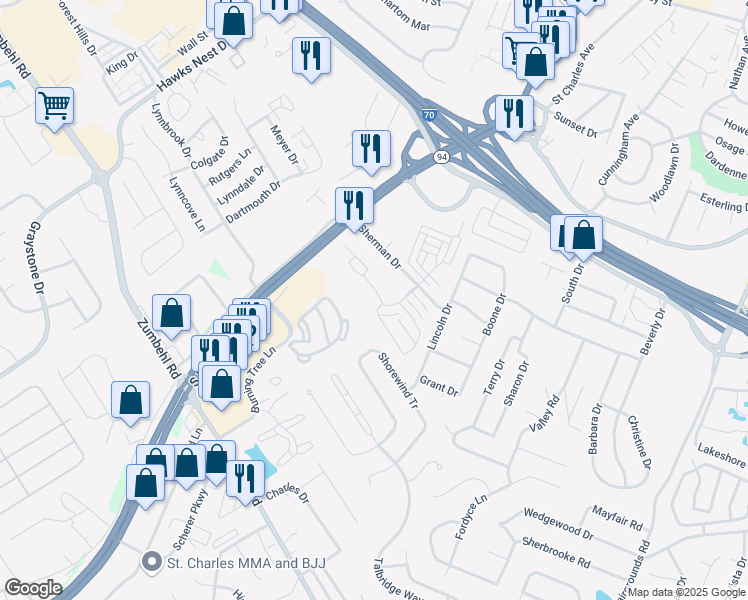 map of restaurants, bars, coffee shops, grocery stores, and more near 2104 Sherman Square Drive in Saint Charles