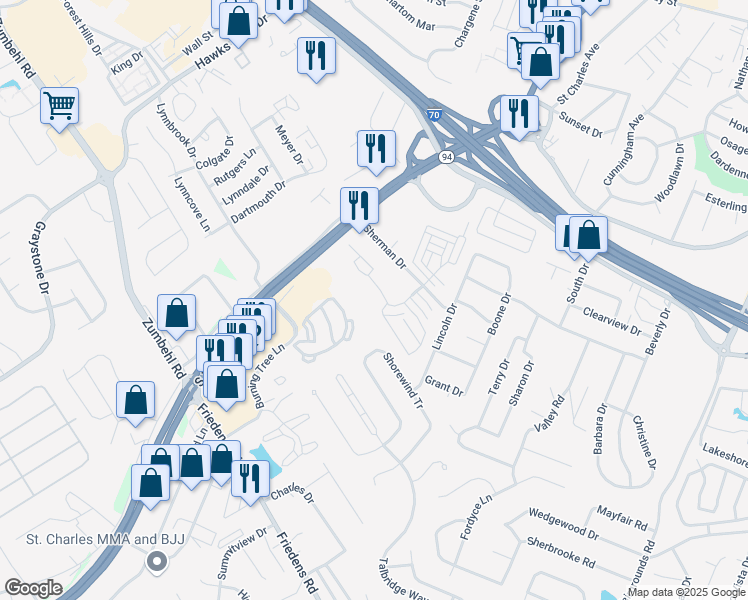 map of restaurants, bars, coffee shops, grocery stores, and more near 2104 Sherman Square Drive in Saint Charles