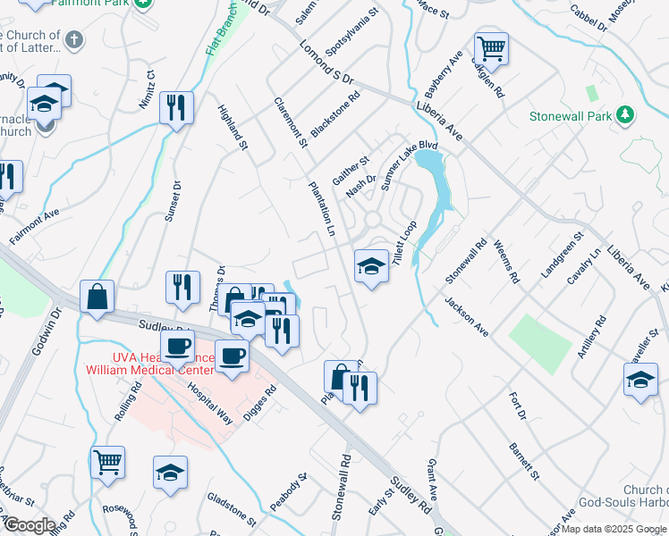 map of restaurants, bars, coffee shops, grocery stores, and more near 8425 Georgian Court in Manassas
