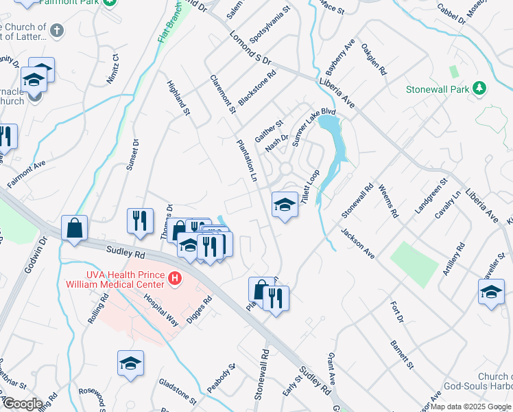 map of restaurants, bars, coffee shops, grocery stores, and more near 8425 Georgian Court in Manassas