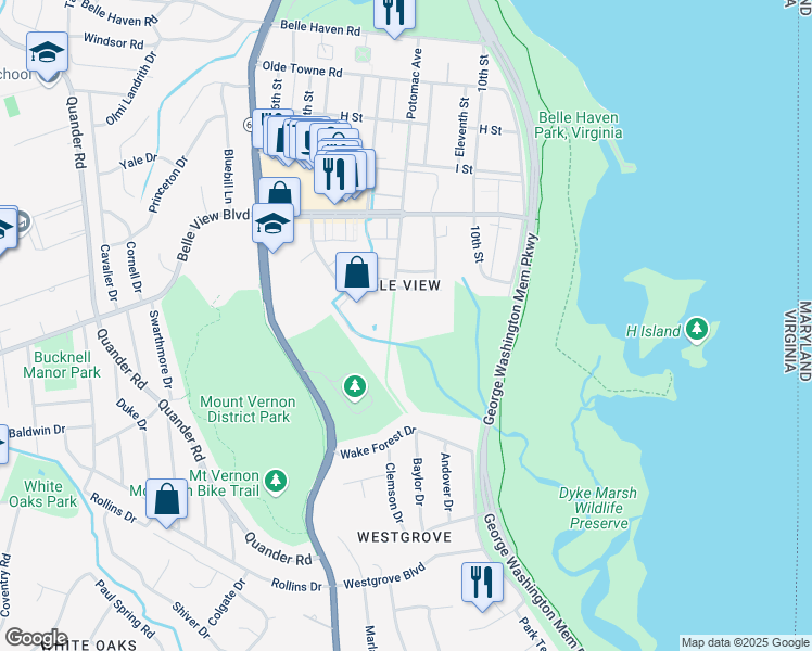 map of restaurants, bars, coffee shops, grocery stores, and more near 6631 Wakefield Drive in Alexandria
