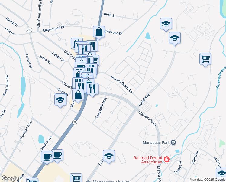 map of restaurants, bars, coffee shops, grocery stores, and more near 8303 Sunnyside Court in Manassas