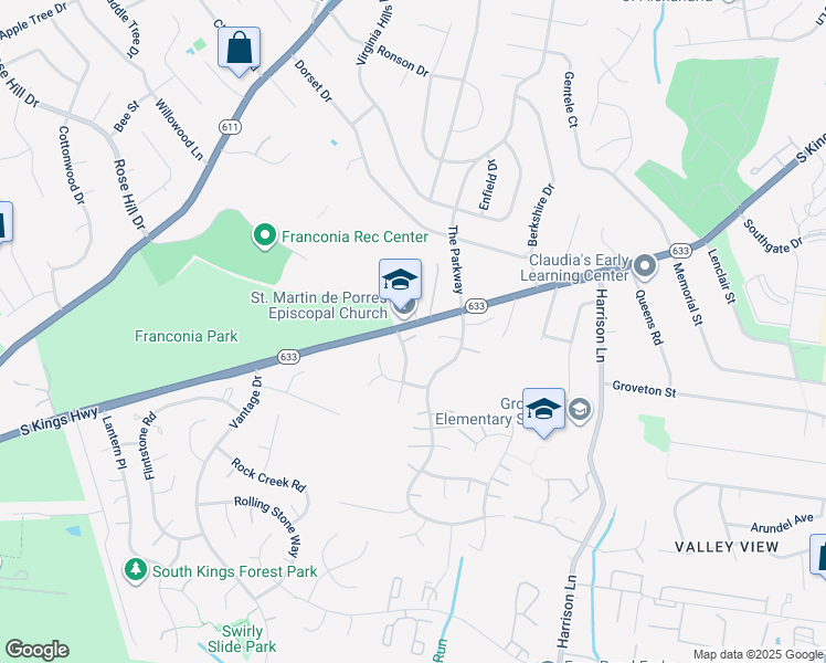 map of restaurants, bars, coffee shops, grocery stores, and more near 6703 Woodstone Place in Alexandria