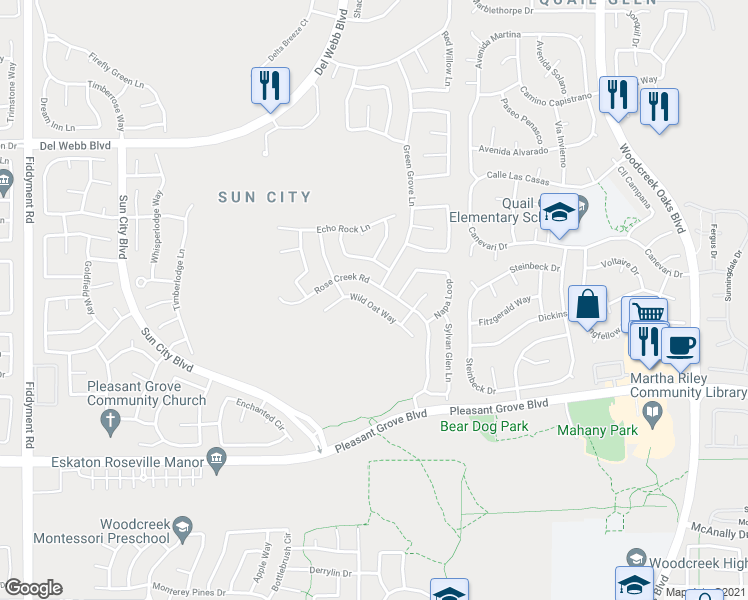 map of restaurants, bars, coffee shops, grocery stores, and more near 4248 Wild Oat Way in Roseville