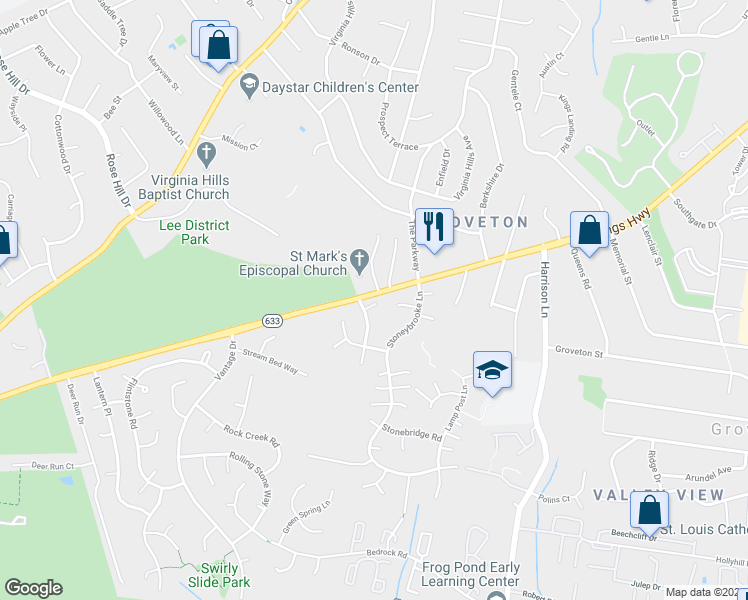 map of restaurants, bars, coffee shops, grocery stores, and more near 6703 Woodstone Place in Alexandria