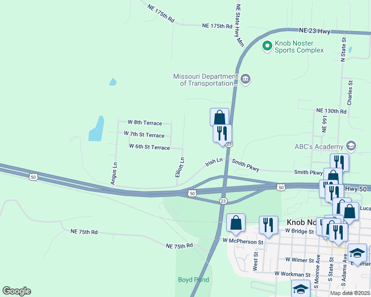 map of restaurants, bars, coffee shops, grocery stores, and more near 604 Elliott Lane in Knob Noster