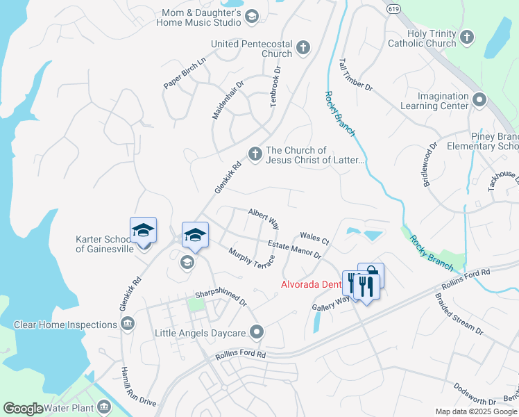 map of restaurants, bars, coffee shops, grocery stores, and more near 14044 Albert Way in Gainesville