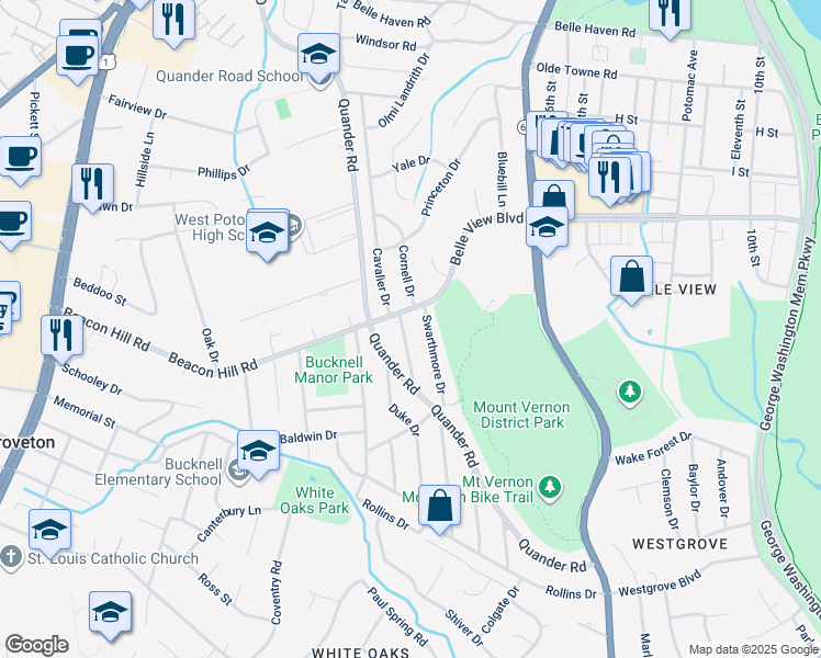 map of restaurants, bars, coffee shops, grocery stores, and more near 6717 Williams Drive in Alexandria