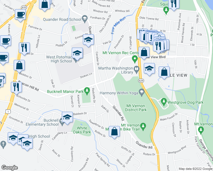 map of restaurants, bars, coffee shops, grocery stores, and more near 6717 Williams Drive in Alexandria