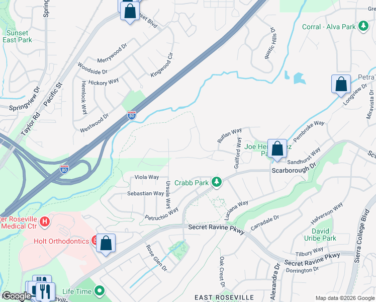map of restaurants, bars, coffee shops, grocery stores, and more near 3812 Calverhall Way in Rocklin