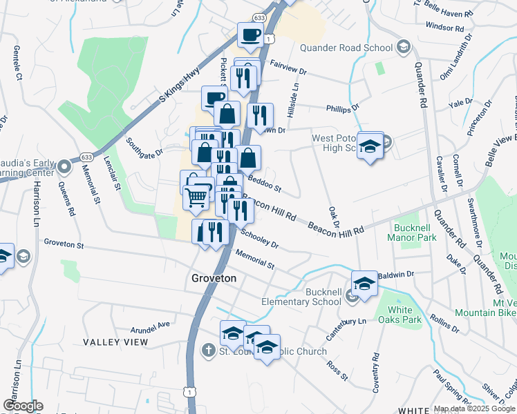 map of restaurants, bars, coffee shops, grocery stores, and more near 2801 Beacon Hill Road in Alexandria